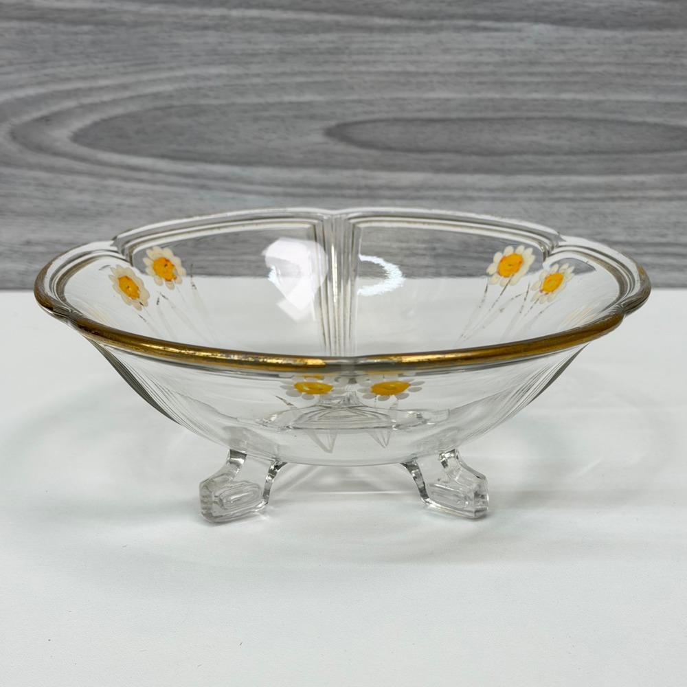 Vintage 1930s Lancaster Jubilee Depression Glass 3 Footed Daisy Bowl Gold Trim